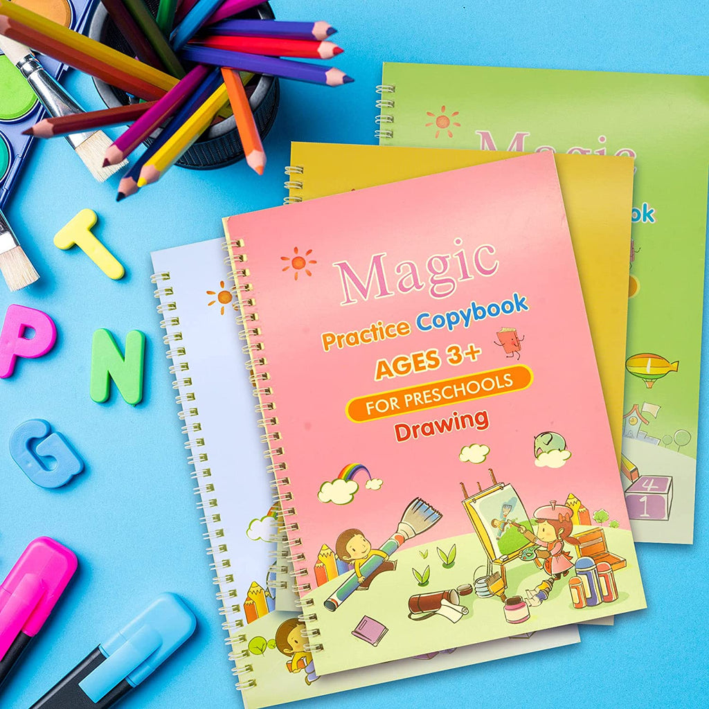 MagicBook™ - Reusable Practice Copybook: 4 Books + Magic Pen